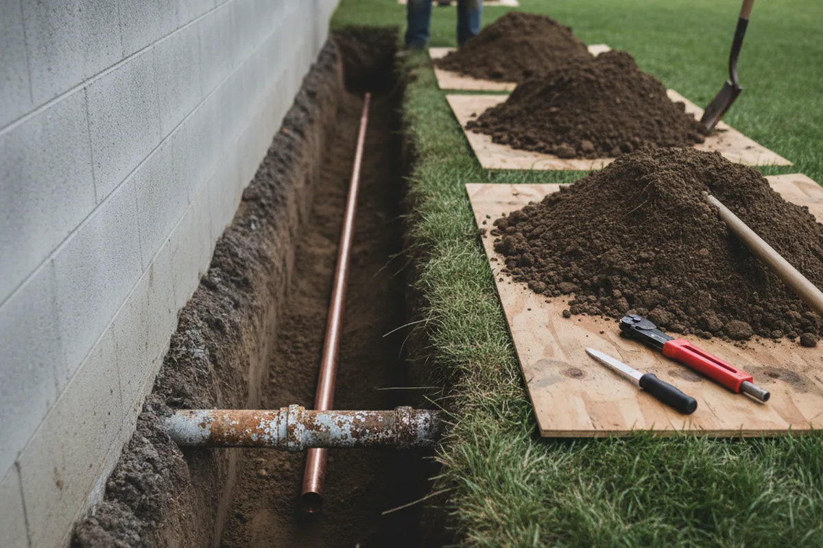 Excavated water line trench during Water Heater Repair in Apex